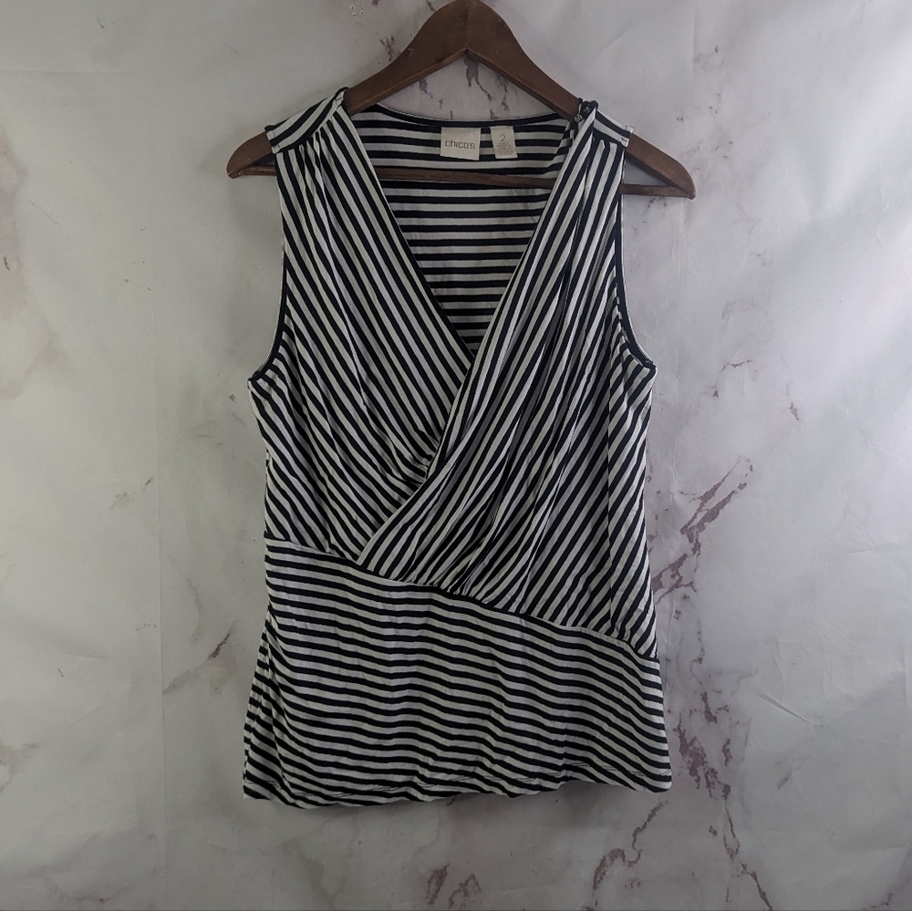 Chicos Tank Top Womens 2 Large Black White Striped V Neck Shirt Asymmetric